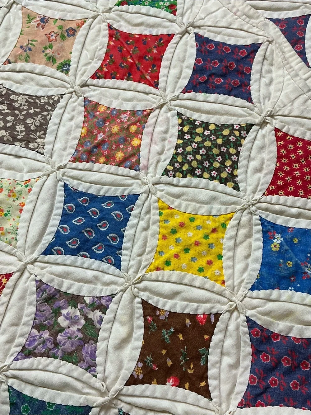 Vintage hand stitched cathedral window multicolored quilt 79 x 97 USA made